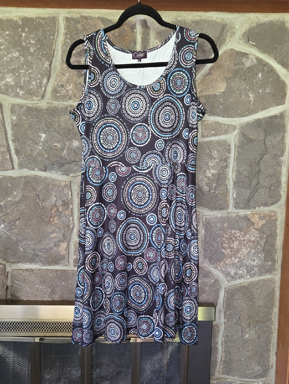 Coline Sleeveless Midi Dress in Black with Blue & White Circles